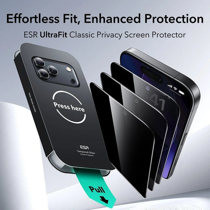 Protector de pantalla Privacy ESR UltraFit para Apple iPhone 17 Pro Max, Cristal Templado, Full Glue, Set de 3 piezas.