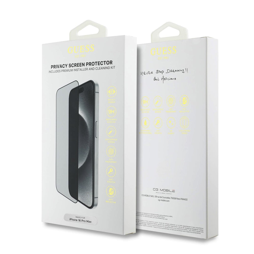 Protector de pantalla Privacy Guess para Apple iPhone 16, Cristal Templado, Full Glue, 2.5D, GUTGP16SBOKGCIP