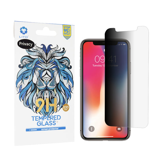 Protector de pantalla Privacy Lito Classic para Apple iPhone 11 Pro / XS / X, vidrio templado, adhesivo completo, 2.5D
