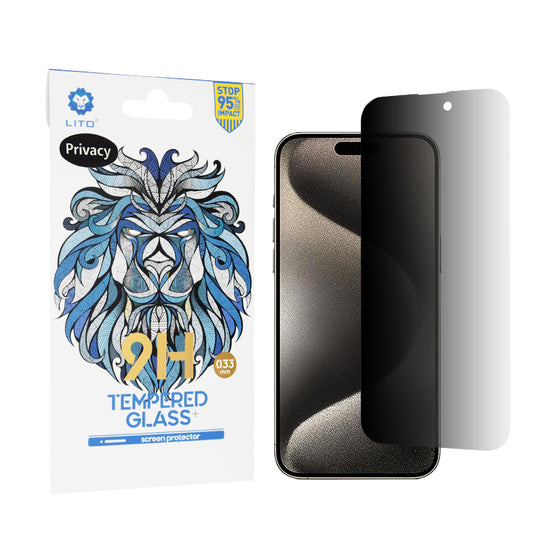 Protector de pantalla Privacy Lito Classic para Apple iPhone 15 Pro Max, vidrio templado, adhesivo completo, 2.5D