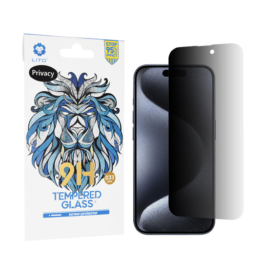 Protector de pantalla Privacy Lito Classic para Apple iPhone 15 Pro, vidrio templado, adhesivo completo, 2.5D