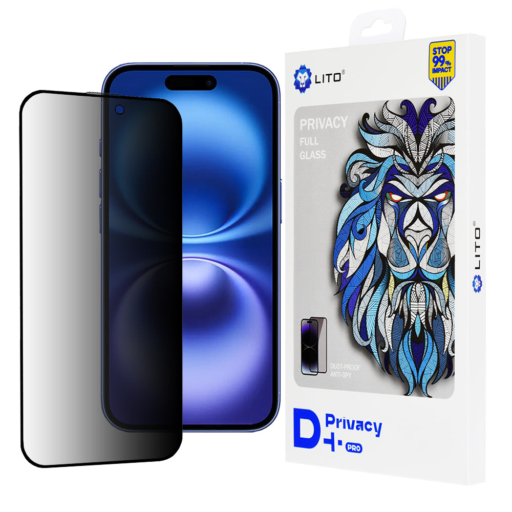 Protector de pantalla Privacy Lito D+ Pro para Apple iPhone 16, vidrio templado, adhesivo completo