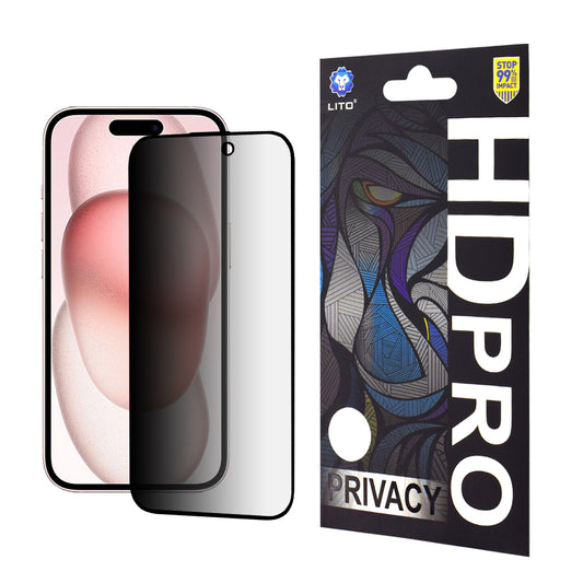 Protector de pantalla Privacy Lito HD Pro para Apple iPhone 15, vidrio templado, adhesivo completo