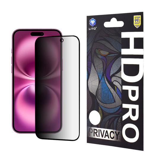 Protector de pantalla Privacy Lito HD Pro para Apple iPhone 16 Plus, vidrio templado, adhesivo completo