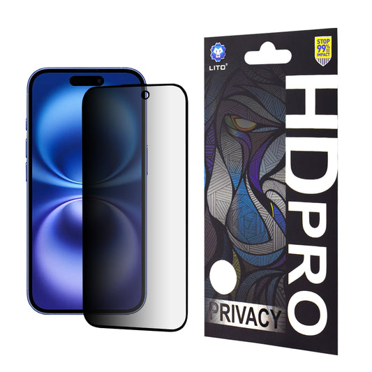 Protector de pantalla Privacy Lito HD Pro para Apple iPhone 16, vidrio templado, adhesivo completo