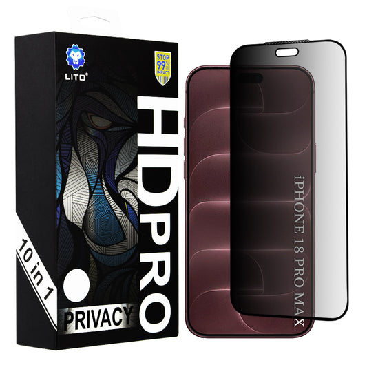 Protector de pantalla Privacy Lito HD Pro para Apple iPhone 18 Pro Max, vidrio templado, adhesivo completo, pack de 10 unidades