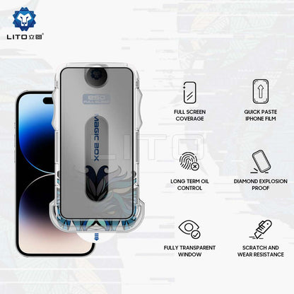 Protector de pantalla Privacy Lito Magic Glass Box D+ Tools para Apple iPhone 14 Plus / 13 Pro Max, Vidrio Templado, Pegamento Completo