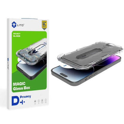 Protector de pantalla Privacy Lito Magic Glass Box D+ Tools para Apple iPhone 17e / 16e / 14 / 13 Pro, Vidrio templado, Pegamento completo