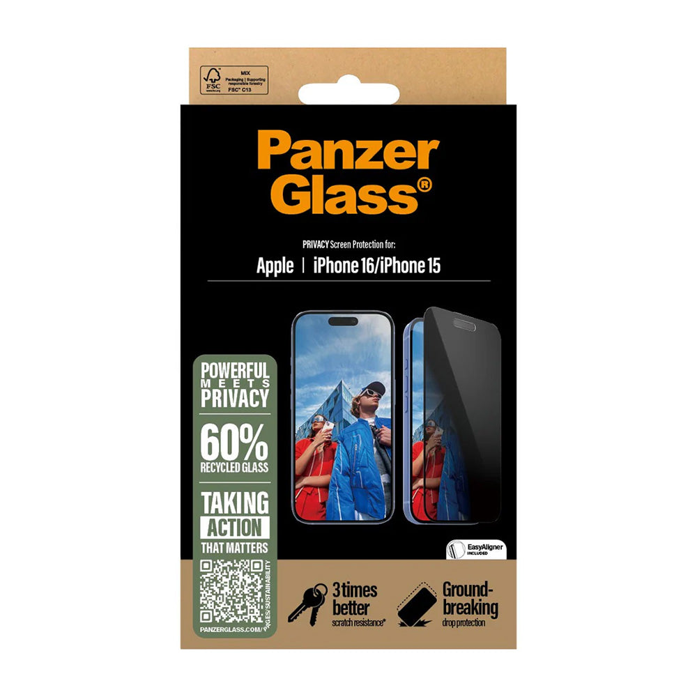 Protector de pantalla Privacy PanzerGlass Ultra-Wide Fit EasyAligner para Apple iPhone 16 / 15, Cristal Templado, Full Glue