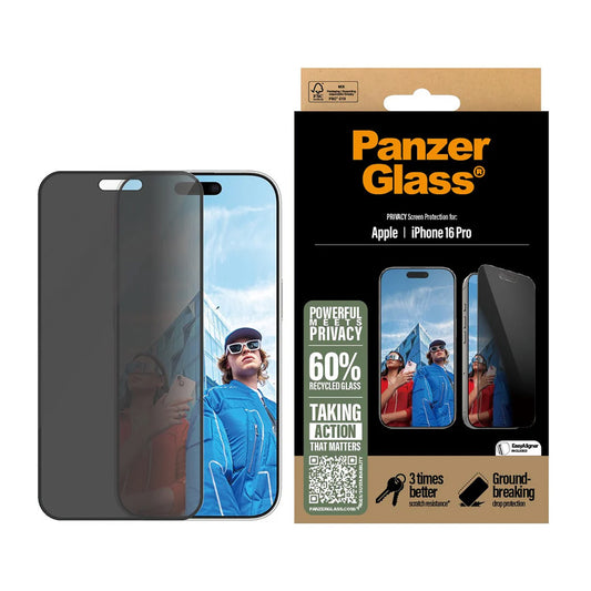 Protector de pantalla Privacy PanzerGlass Ultra-Wide Fit EasyAligner para Apple iPhone 16 Pro, Cristal Templado, Full Glue