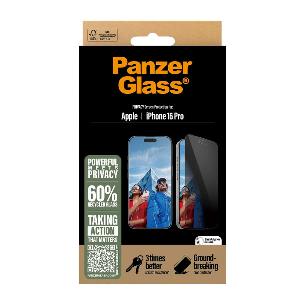 Protector de pantalla Privacy PanzerGlass Ultra-Wide Fit EasyAligner para Apple iPhone 16 Pro, Cristal Templado, Full Glue