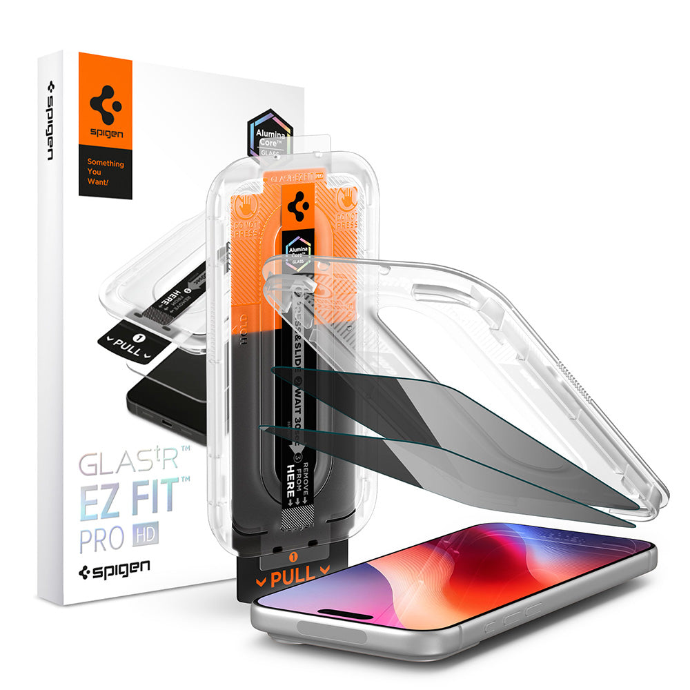 Protector de pantalla Privacy Spigen GlastR EZ FIT Pro HD para Apple iPhone 18 Pro, Vidrio templado, Pegamento completo, Set de 2 piezas AGL12027