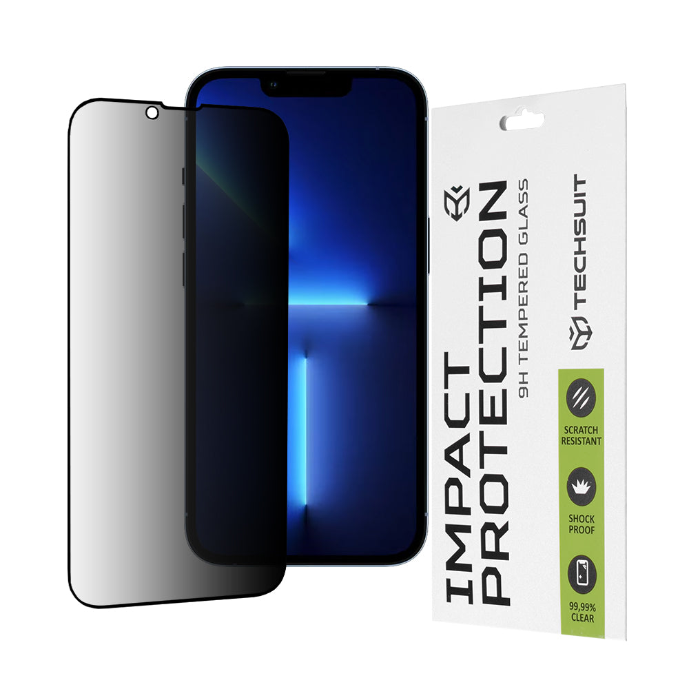 Protector de pantalla Privacy Techsuit para Apple iPhone 14 Plus / 13 Pro Max, vidrio templado, adhesivo completo, 111D