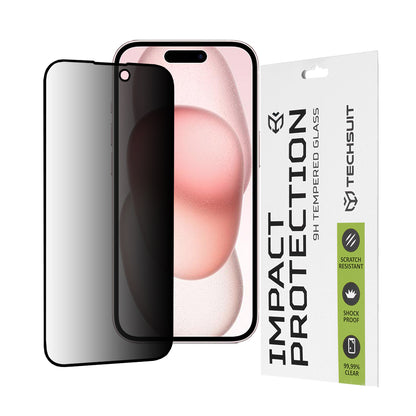 Protector de pantalla Privacy Techsuit para Apple iPhone 16 / 15, vidrio templado, adhesivo completo, 111D