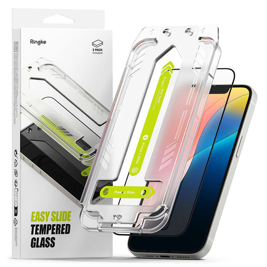 Protector de pantalla Ringke Easy Slide para Apple iPhone 17e / 16e / 14 / 13 Pro, Vidrio templado, Pegamento completo, Set de 2 piezas, Negro