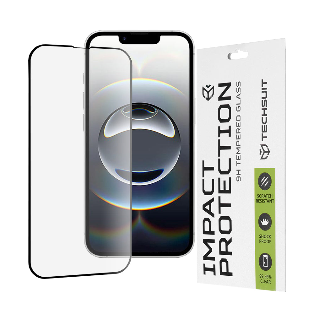 Protector de pantalla Techsuit M1 para Apple iPhone 17e / 16e / 14 / 13 Pro, Vidrio templado, Full Glue, 111D, Negro