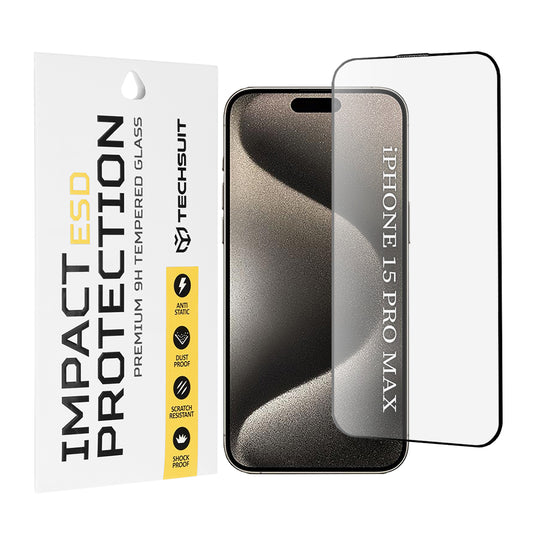 Protector de pantalla Techsuit para Apple iPhone 15 Pro Max, vidrio templado, adhesivo completo, negro