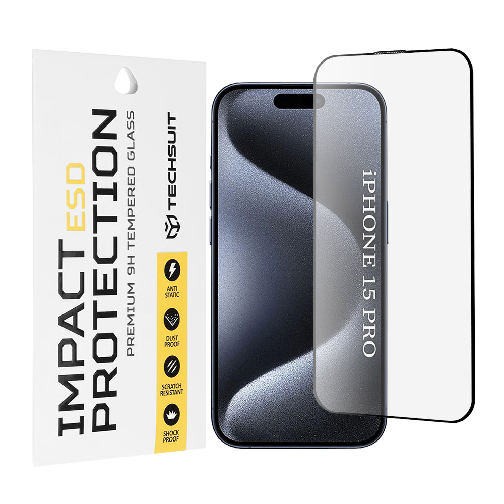 Protector de pantalla Techsuit para Apple iPhone 15 Pro, vidrio templado, adhesivo completo, negro