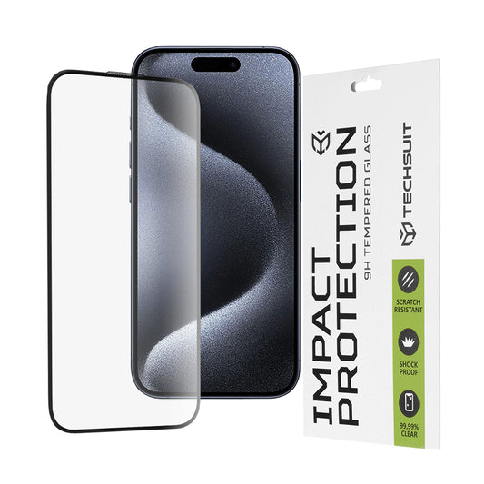 Protector de pantalla Techsuit para Apple iPhone 16 / 15 Pro, vidrio templado, adhesivo completo, 111D, negro