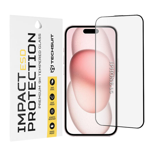 Protector de pantalla Techsuit para Apple iPhone 16 / 15, vidrio templado, adhesivo completo, negro
