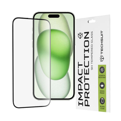 Protector de pantalla Techsuit para Apple iPhone 16 Plus / 15 Plus, vidrio templado, adhesivo completo, 111D, negro