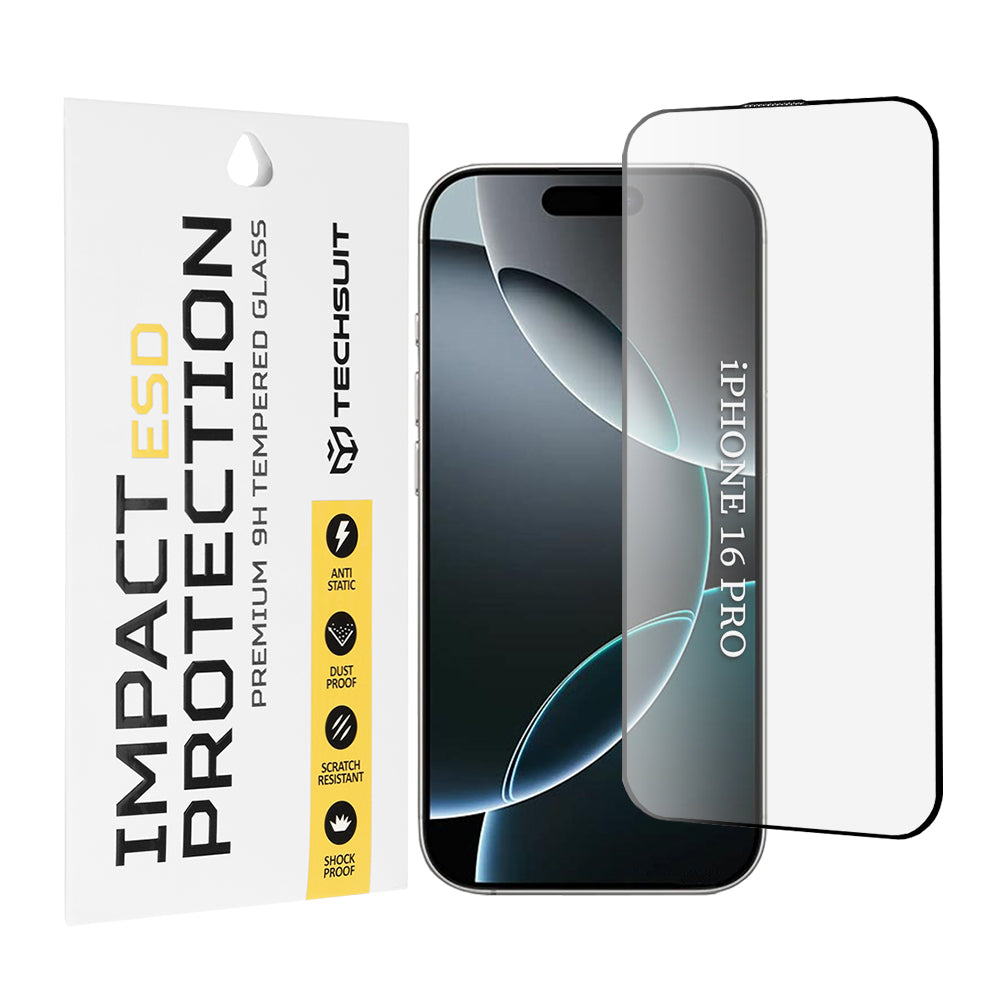 Protector de pantalla Techsuit para Apple iPhone 16 Pro, vidrio templado, adhesivo completo, negro