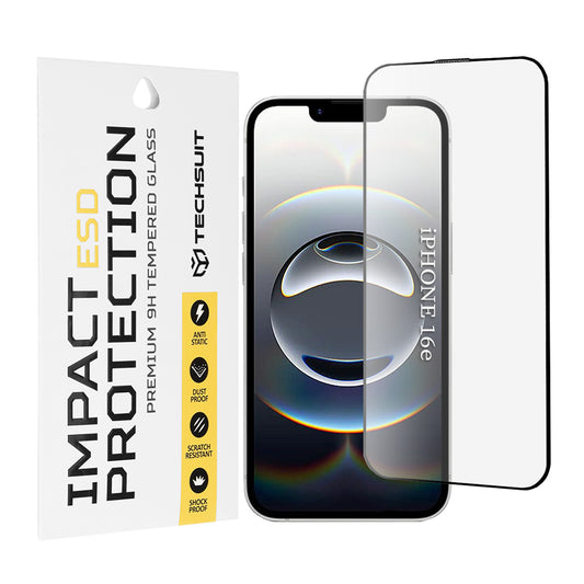 Protector de pantalla Techsuit para Apple iPhone 17e / 16e, Vidrio templado, Pegamento completo, Negro