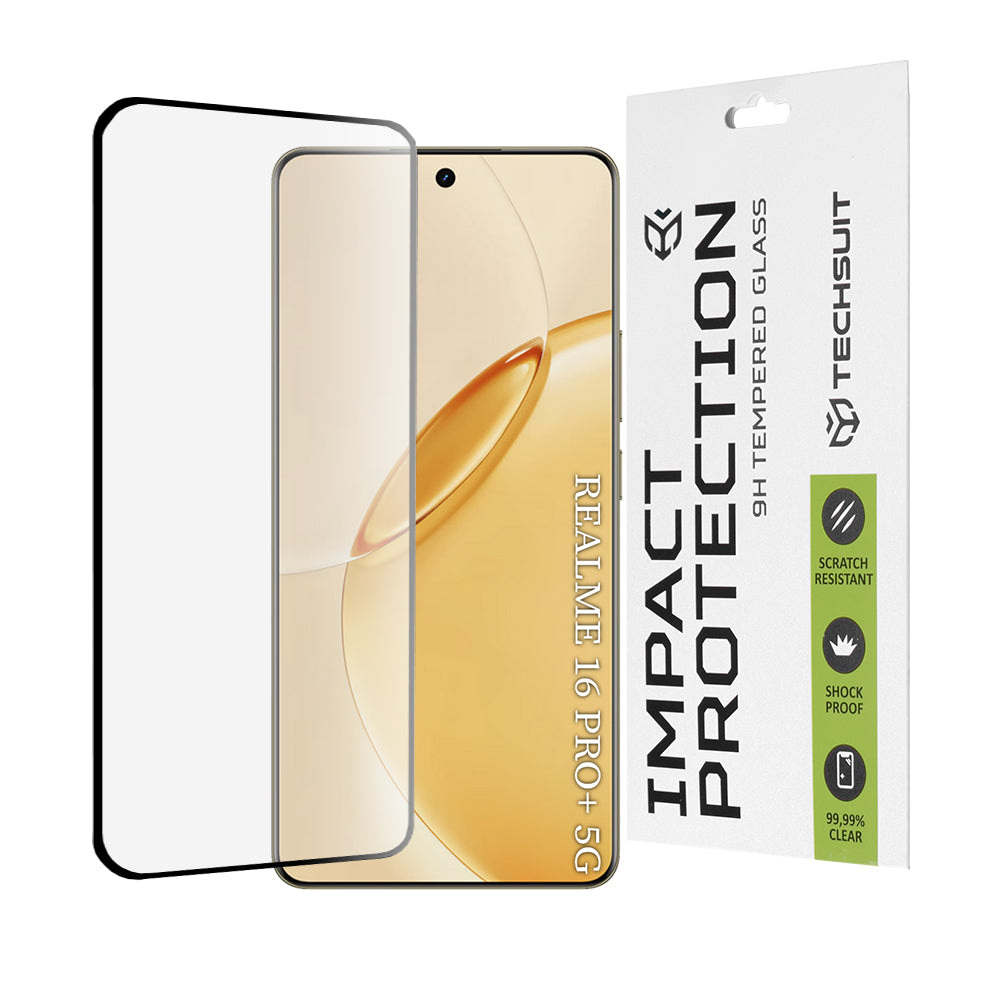 Protector de pantalla Techsuit para Realme 16 Pro+, Cristal Templado, Full Glue, 111D, Negro
