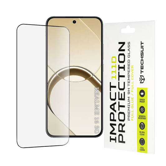 Protector de pantalla Techsuit para Realme 16, vidrio templado, adhesivo completo, 111D, negro