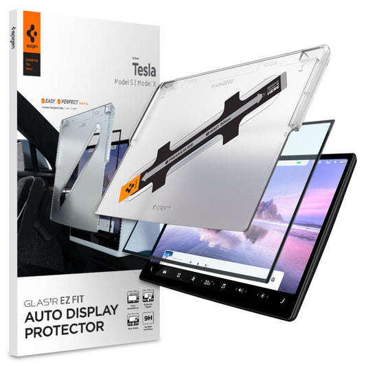 Protector de Pantalla Spigen GlastR EZ FIT para Navegación Tesla X / S (2022 - 2021), Cristal Templado, Negro AGL04688