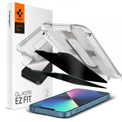 Protector de pantalla Privacy Spigen GlastR EZ FIT para Apple iPhone 17e / 16e / 14 / 13 Pro, vidrio templado, adhesivo completo, set de 2 piezas AGL03388