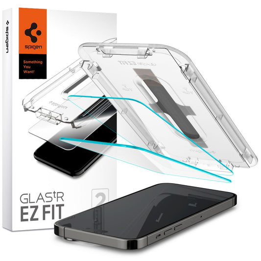 Spigen EZ FIT Protector de Pantalla para Apple iPhone 14 Pro Max, Cristal Templado, Pegamento Completo, Juego de 2 piezas AGL05202