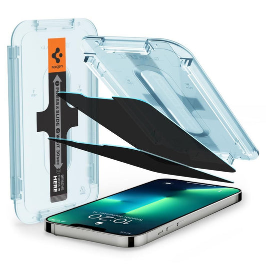 Protector de pantalla Privacy Spigen GlastR EZ FIT para Apple iPhone 17e / 16e / 14 / 13 Pro, vidrio templado, adhesivo completo, set de 2 piezas AGL03388