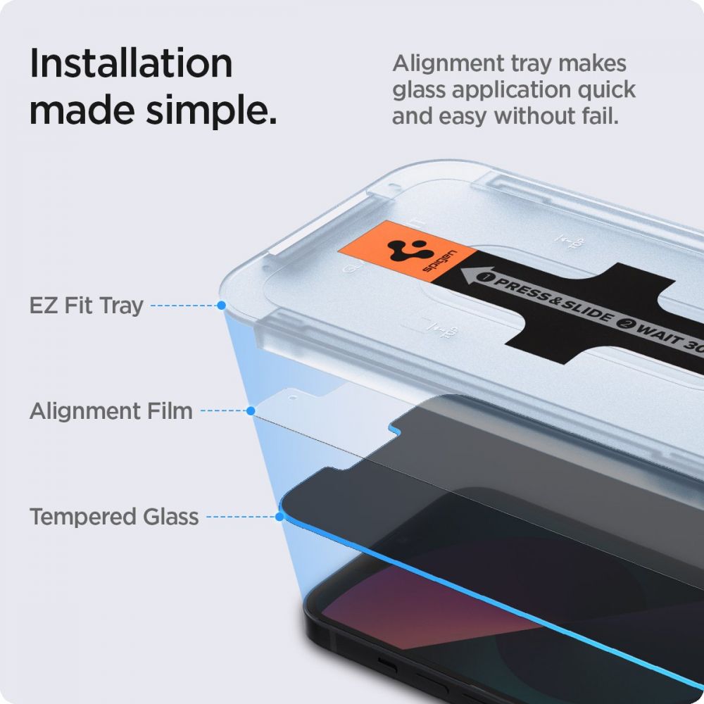 Protector de pantalla Privacy Spigen GlastR EZ FIT para Apple iPhone 17e / 16e / 14 / 13 Pro, vidrio templado, adhesivo completo, set de 2 piezas AGL03388