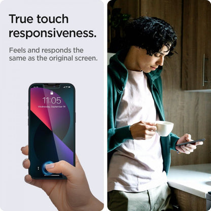 Protector de pantalla Privacy Spigen GlastR EZ FIT para Apple iPhone 17e / 16e / 14 / 13 Pro, vidrio templado, adhesivo completo, set de 2 piezas AGL03388