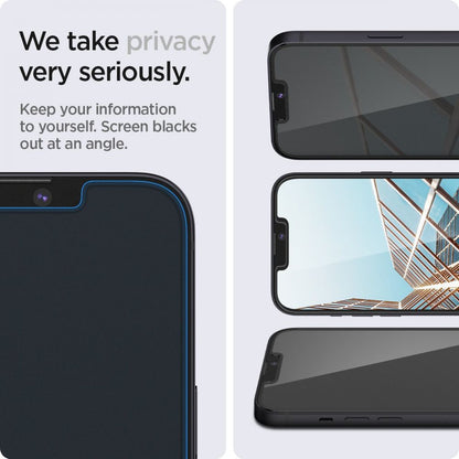 Protector de pantalla Privacy Spigen GlastR EZ FIT para Apple iPhone 17e / 16e / 14 / 13 Pro, vidrio templado, adhesivo completo, set de 2 piezas AGL03388