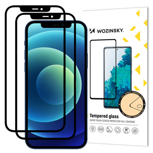 Protector de pantalla WZK para Apple iPhone 12 / 12 Pro, vidrio templado, adhesivo completo, set de 2 piezas, compatible con funda, negro