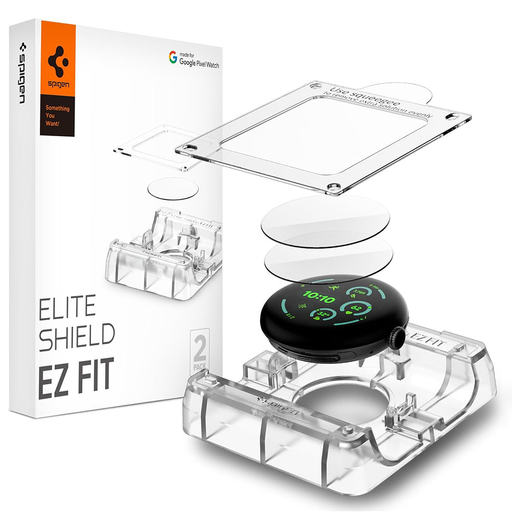 Protector de pantalla Spigen Elite Shield EZ FIT para Google Pixel Watch 45mm Series, Set de 2 piezas, Vidrio templado, Transparente AFL08525