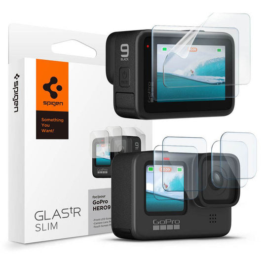 Protector de Pantalla y Lente Spigen GlastR Slim para GoPro Hero 12 / 9 / 10 / 11, Cristal Templado, Set de 6 piezas AGL03045