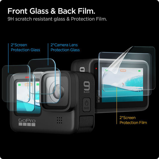 Protector de Pantalla y Lente Spigen GlastR Slim para GoPro Hero 12 / 9 / 10 / 11, Cristal Templado, Set de 6 piezas AGL03045
