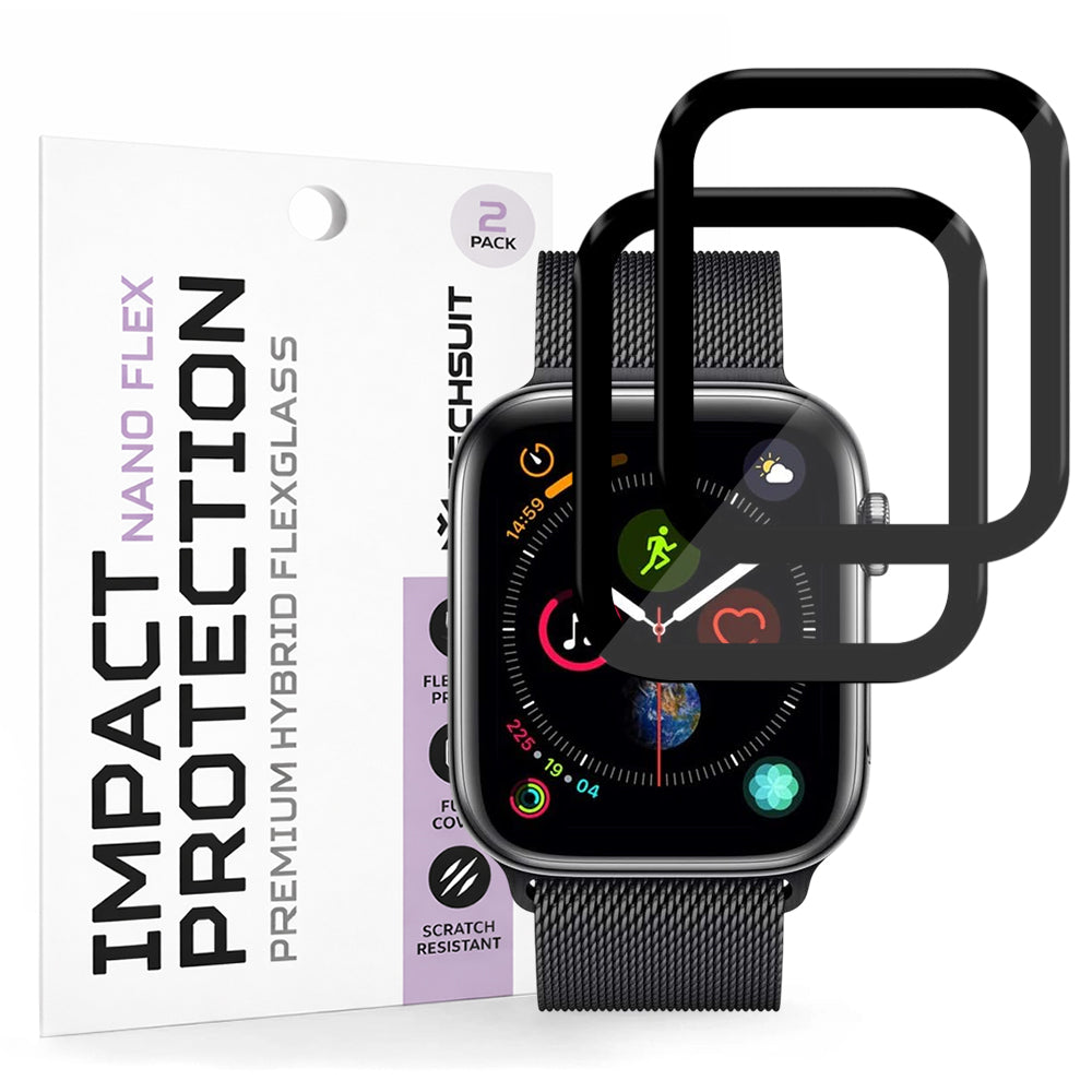 Folie de Protección Techsuit Nano Flex para Apple Watch 44mm Series, Set de 2 piezas, Plástico, Negra