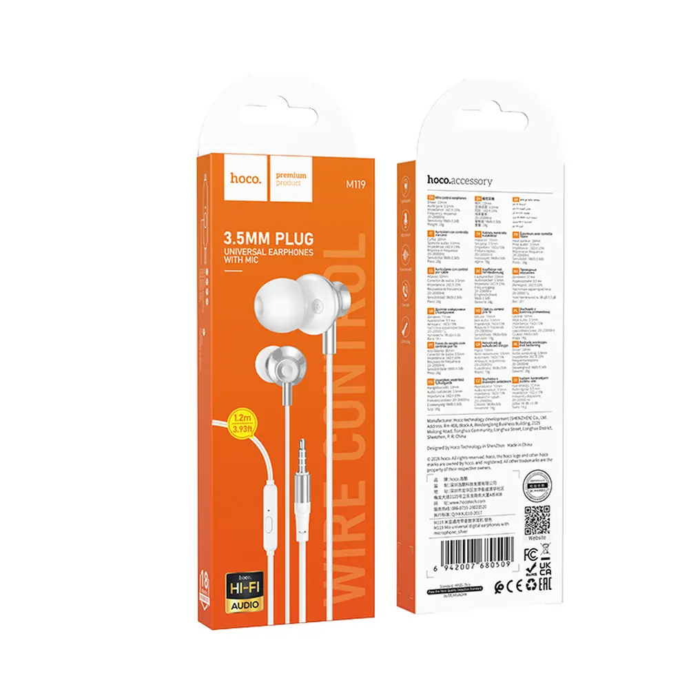Manos libres 3.5mm HOCO M119, Plateado