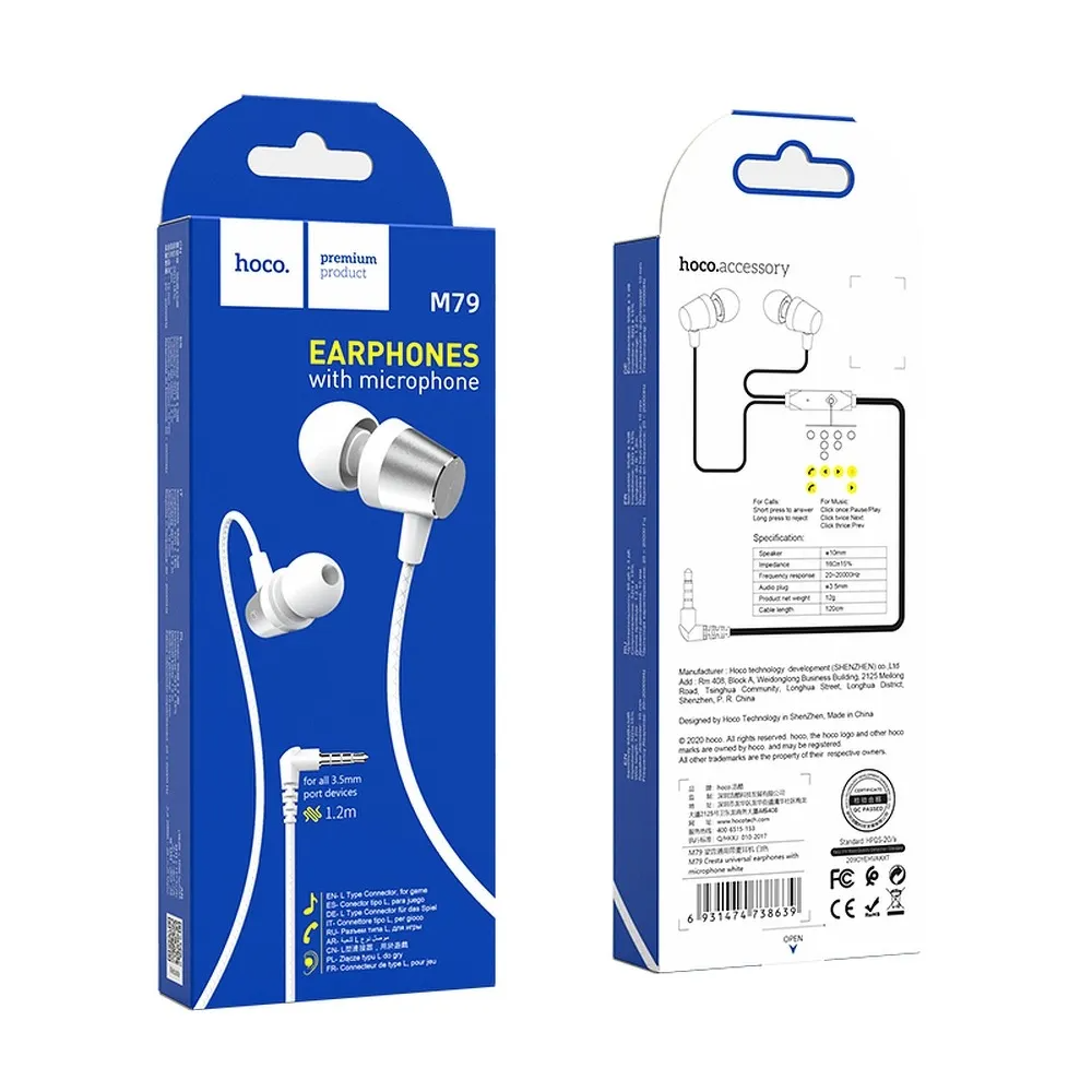 Handsfree 3.5mm HOCO M79, Blanco