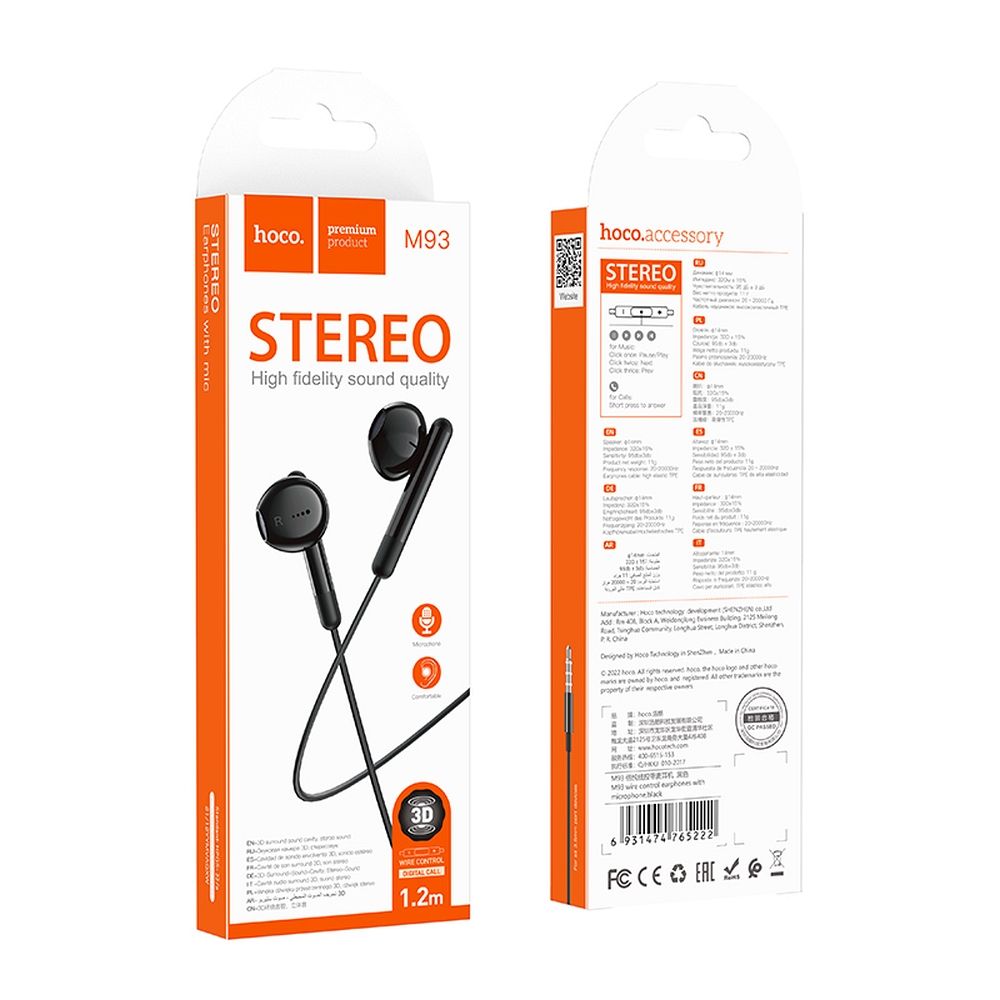 Handsfree 3.5mm HOCO M93, Negro