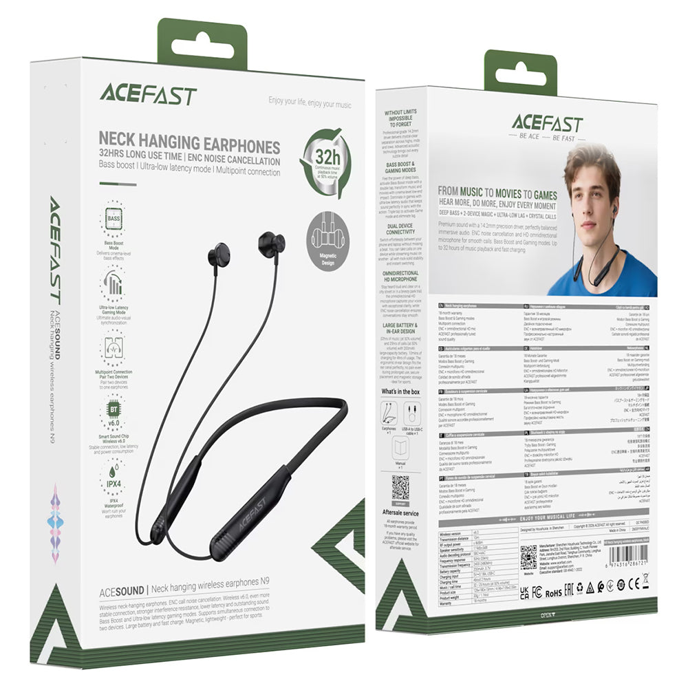 Manos libres Bluetooth Acefast N9, A2DP, Negro