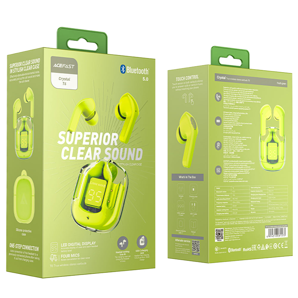 Manos libres Bluetooth Acefast T6, TWS, Verde