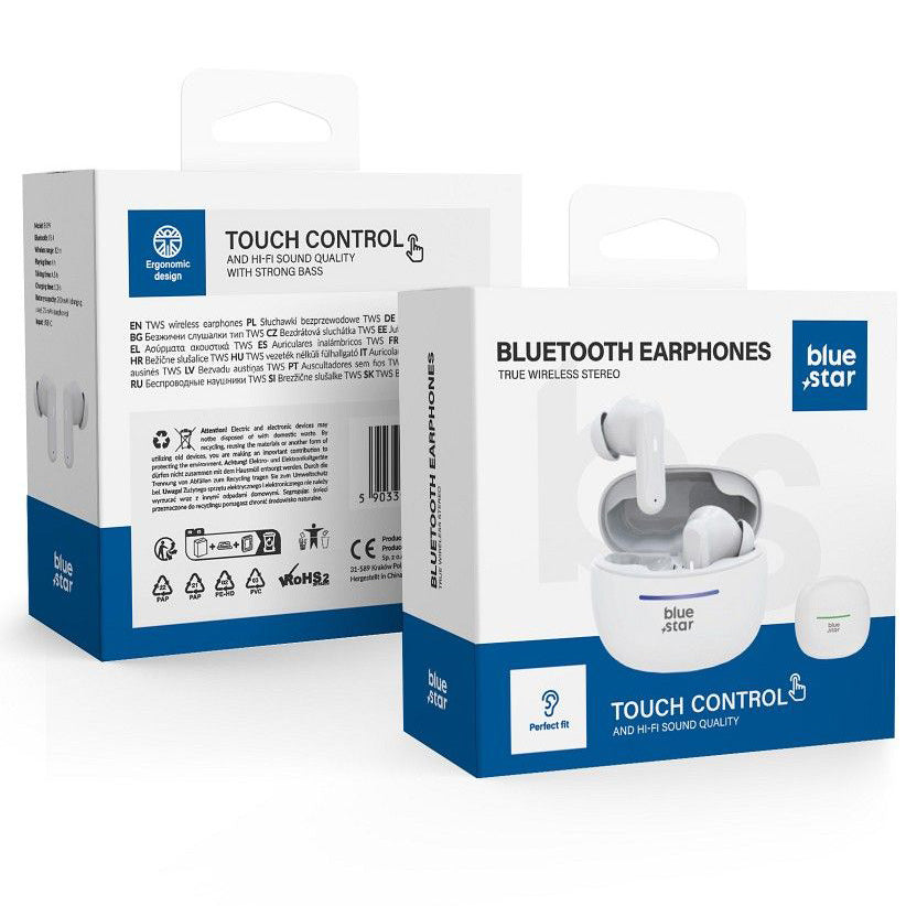 Manos libres Bluetooth Blue Star BK44, TWS, Blanco