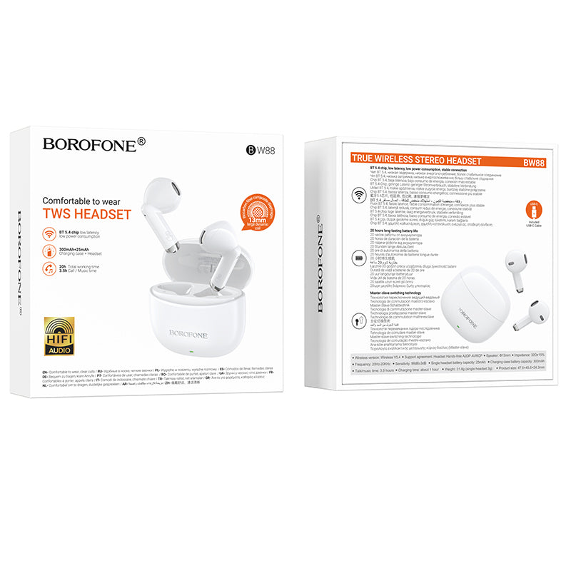 Manos libres Bluetooth Borofone BW88 Deep Rhyme, TWS, Blanco