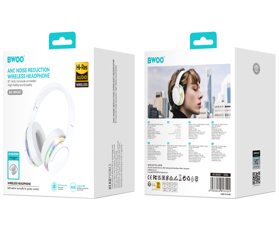 Manos libres Bluetooth BWOO BO-BW587, A2DP, ANC, Blanco
