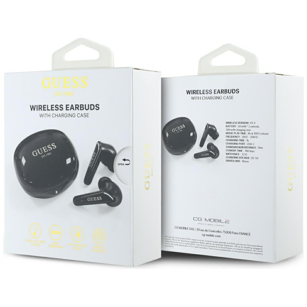 Handsfree Bluetooth Guess Flat Classic Logo Electroplated, TWS, Negro